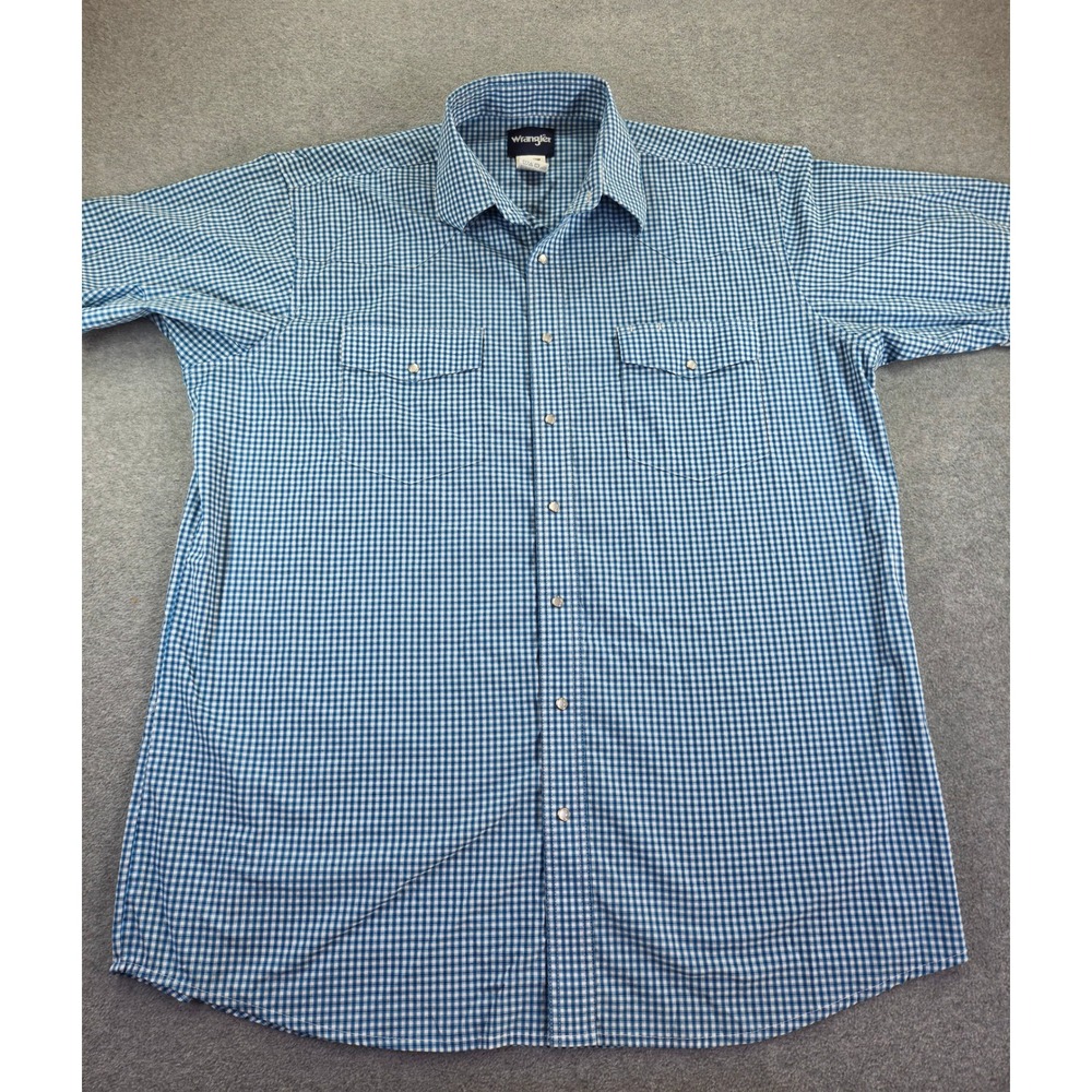 Wrangler Men's 2XLT Blue Gingham Short Sleeve Western Pearl Snap Shirt Stretch
